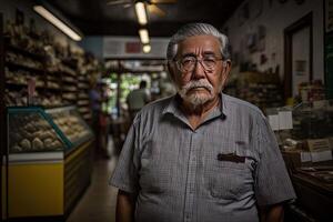 retrato de pequeño negocio dueño. disparo a la cabeza de hombre mirando a cámara con tienda como antecedentes. creado con generativo ai foto