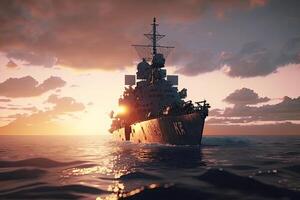 Modern warship in the sea at sunset. Military force ship sailing in ocean. Created with photo