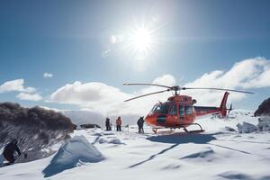 buscar y rescate operación en montañas. médico rescate helicóptero aterrizaje en Nevado montañas. creado con generativo ai foto