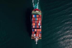 Container ship carrying container in sea, aerial view. Cargo maritime ship. Logistic concept. Created with photo