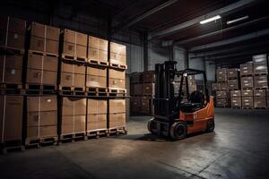 Forklift for loading pallets with packages in warehouse interior. Commercial distribution warehouse with shelves and boxes. Created with photo