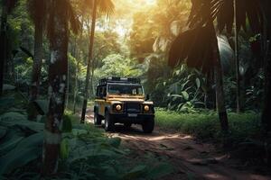 cuatro rueda conducir suv es conducción en lodoso la carretera en selva. todoterreno en safari. creado con generativo ai foto