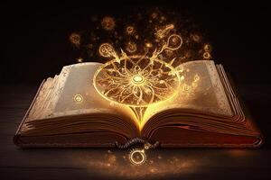 Open magical book with glowing lights over pages on abstract background. Fantasy reading. Created with photo