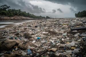 enorme tugurio con un lote de el plastico residuos y varios usado basura. ambiental contaminación concepto. creado con generativo ai foto