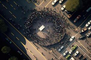 Protesting crowd at city street. Protesting people marching at city, aerial view. Social problems in society, struggle for rights. Protest activists. photo