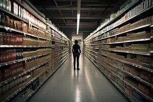 Woman standing in supermarket interior among shelves and choosing products. Created with photo