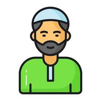 Cap on bearded man head showing icon of muslim man. editable vector