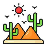 Cactus with sand pile and sun showing icon of desert in modern style vector