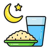 Rice bowl with water glass and crescent moon vector of iftar icon