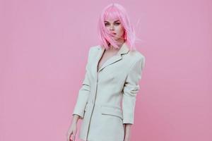 Positive young woman attractive look white blazer pink wig color background unaltered photo