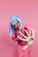 glamorous woman in sunglasses wears a blue wig makeup Lifestyle posing photo