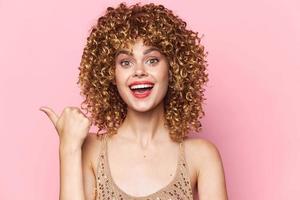 Model fashion Smile red lips fun curly hair clothes photo