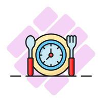 reloj en plato con cuchara y tenedor denotando concepto vector de rápido