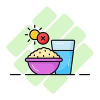 arroz cuenco con vaso de agua y cruzar firmar, icono de Ramadán rápido vector