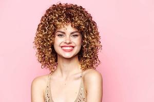 Lady Smile red lips Look Forward curly hair fun fashion clothes photo
