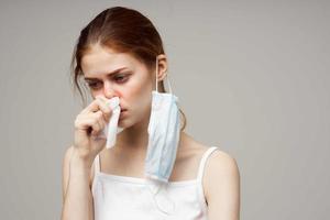 sick woman flu infection virus health problems light background photo