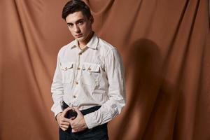 handsome man in shirt beige fabric self-confidence attractive photo