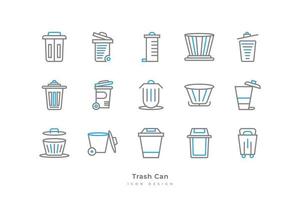 Trash Can Icon Set with Simple Line Style. Rubbish Bin Vector Illustration