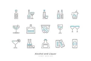 Alcohol and Liquor Icon Set with Simple Line Style. Contains Canned Beer, Champagne, Cocktails, Whiskey and More vector