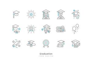 graduación icono colección con sencillo y minimalista línea estilo. contiene graduación gorra, toga, Desplazarse, certificado, libro, medalla, y más vector