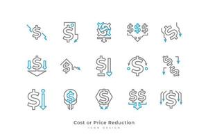 Cost or Price Reduction Icon Set with Simple Line Style. Business and Financial Illustration. Reduced Finance. Decrease Symbol vector