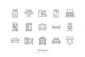 Set of Furniture Icons with Simple Line Style. Home Interior Elements, Containing Kitchen, Bookshelf, Bed, Lamp, Refrigerator, and More vector