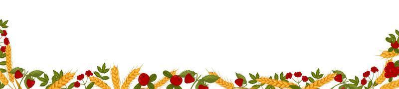 Spring horizontal frame with raspberry cranberries and wheat branches. Summer vector banner