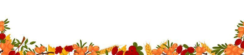 Spring horizontal frame with sea buckthorn berries, rosehip, cranberries, wheat branches and leaves. Summer vector banner