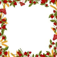 Spring square frame with raspberries, cranberries, mushrooms, fly agarics and wheat branches. Summer vector border