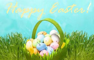 Felt green basket full of decorative eggs in fresh green grass on turquoise. Happy Easter card. photo