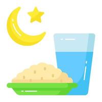 Rice bowl with water glass and crescent moon vector of iftar icon