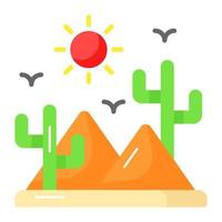 Cactus with sand pile and sun showing icon of desert in modern style vector