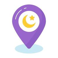 Crescent moon and star with location pin, vector design of map pin