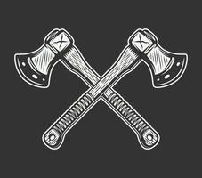 Vintage cross axes in retro hand drawn style. Can be used for logo, emblem, badge, label, stamp or mark. Monochrome graphic Art. Sketch. Vector Illustration.