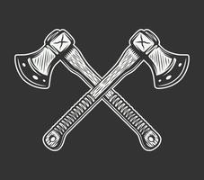 Vintage cross axes in retro hand drawn style. Can be used for logo, emblem, badge, label, stamp or mark. Monochrome graphic Art. Sketch. Vector Illustration.