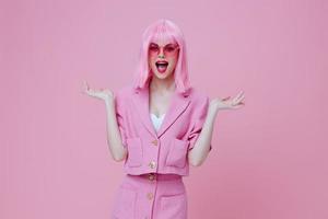 Portrait of a young woman gestures with his hands with a pink jacket monochrome shot unaltered photo