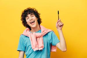 guy with a pencil in hand thought process isolated backgrounds photo