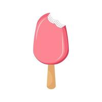 Ice cream in pink glaze. Ice cream with piece bitten off. Sweet summer refreshing dessert. Strawberry sundae. Frozen treats. Vector illustration