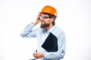 man in shirt orange helmet emotions work official photo