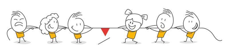 Stick figures. Teamwork. Rope pulling race. Cartoon Design character. vector