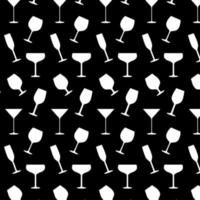 Seamless pattern of glass goblets for wine and drinks. Cup for alcohol drink, champagne, cocktail and liquor. Symbol of restaurant. Isolated on black background. Vector illustration