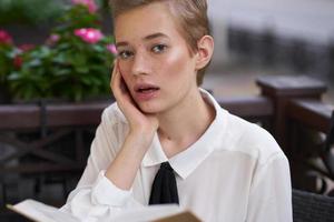 female in a summer cafe on the street vacation in the city summer Lifestyle photo