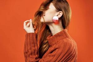 cheerful woman red earrings makeup fashion hairstyle photo