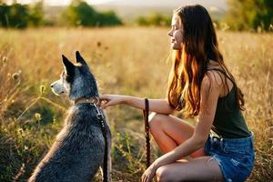 mujer caminando su fornido perro y sonriente felizmente con dientes en un naturaleza caminar en el césped en el otoño atardecer, estilo de vida perro amigo foto