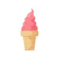 Pink soft ice cream in a waffle cup. Sweet summer refreshing dessert. Strawberry sundae. Frozen treats. Street food. Vector illustration
