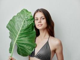 woman in gray swimwear palm leaf in hands attractive look cropped view photo