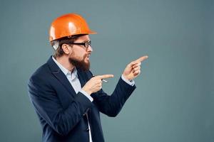 Male engineer orange hard hat construction industry emotions official photo