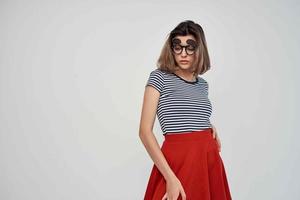 cheerful woman in striped t-shirt cropped background fashion photo