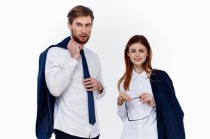 work colleagues man and woman in suits finance photo
