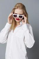 glamorous woman red lips fashion glasses studio model unaltered photo